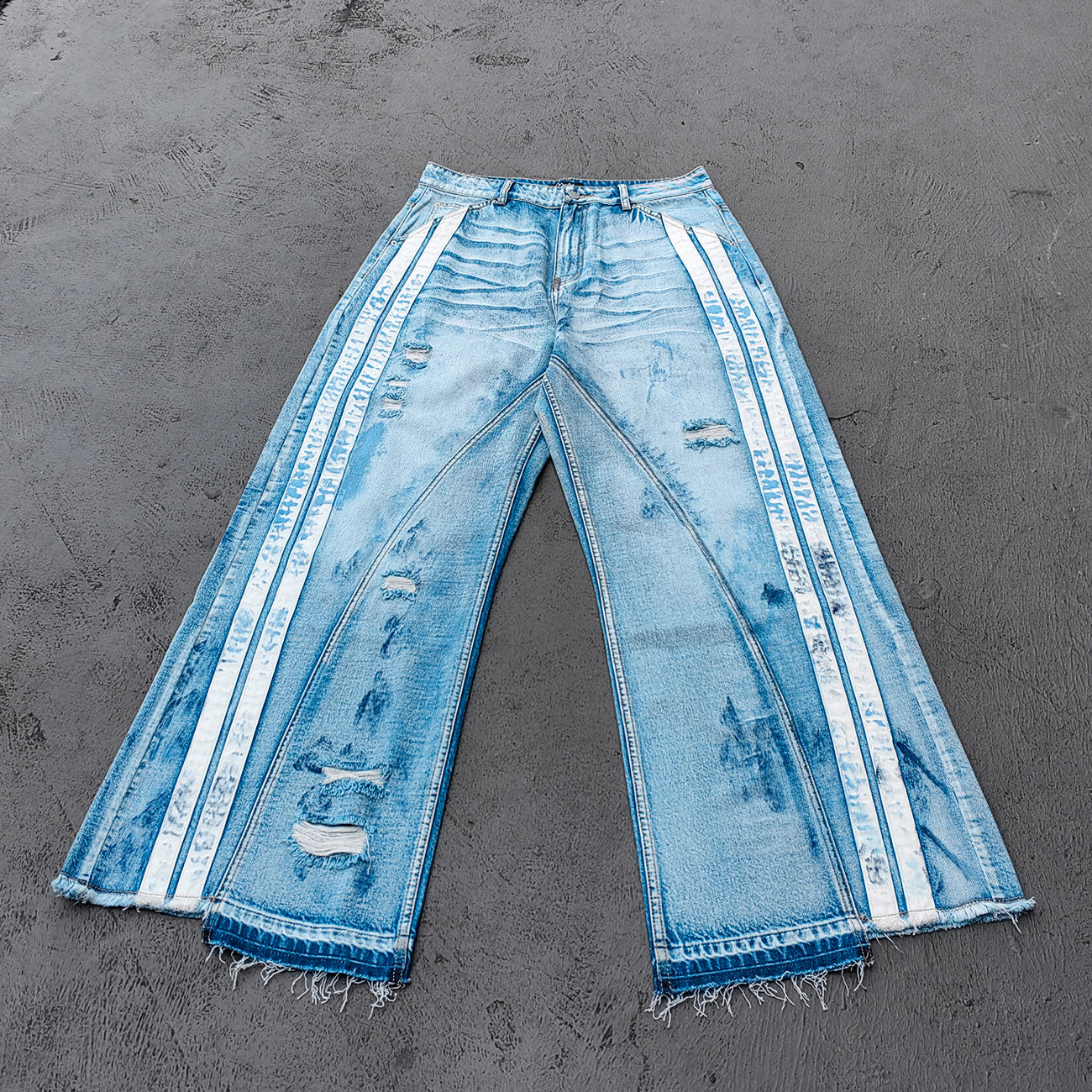 Wide Leg Jeans - Light Blue Acid Wash Side Three Stripe Ripped Distressed Frayed Hem Y2K Streetwear