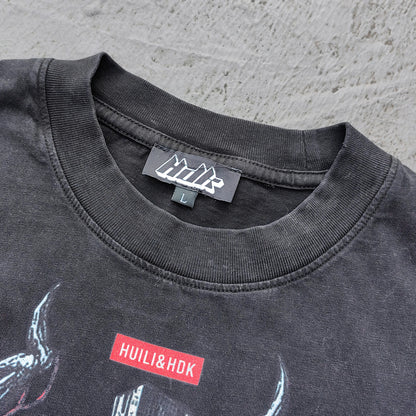 Holy Glory Graphic Tee - Black Acid Wash Winged Skull Cross Lightning Big Logo Print Y2K Streetwear