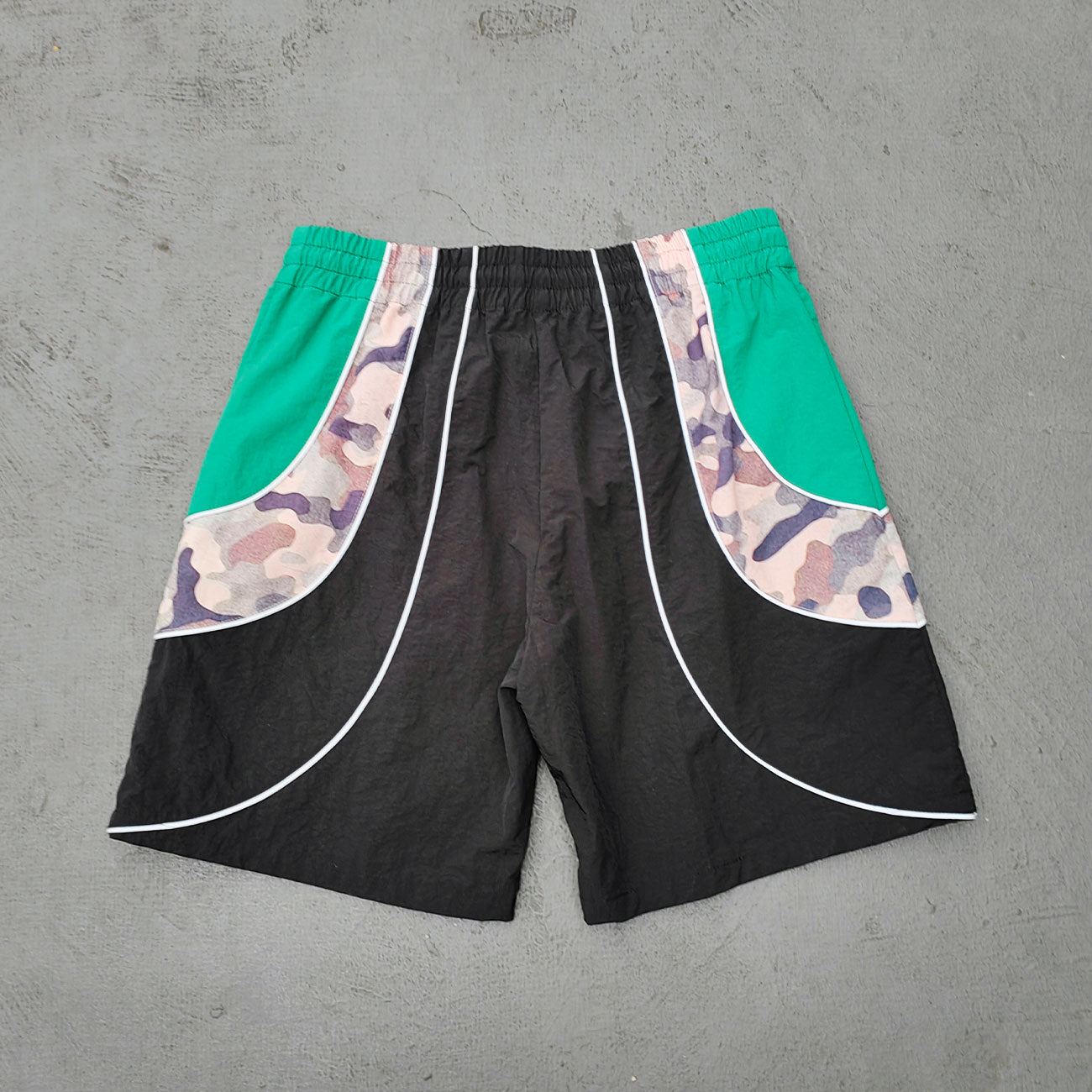 Curved Panel Track Shorts - Black Green Camo Zipper Pocket Y2K Nylon Streetwear