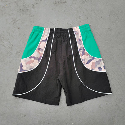 Curved Panel Track Shorts - Black Green Camo Zipper Pocket Y2K Nylon Streetwear