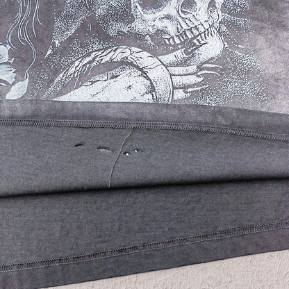 Skull Print T-Shirt - Black Acid Wash Gothic Distressed Ripped Crew Neck Y2K Streetwear