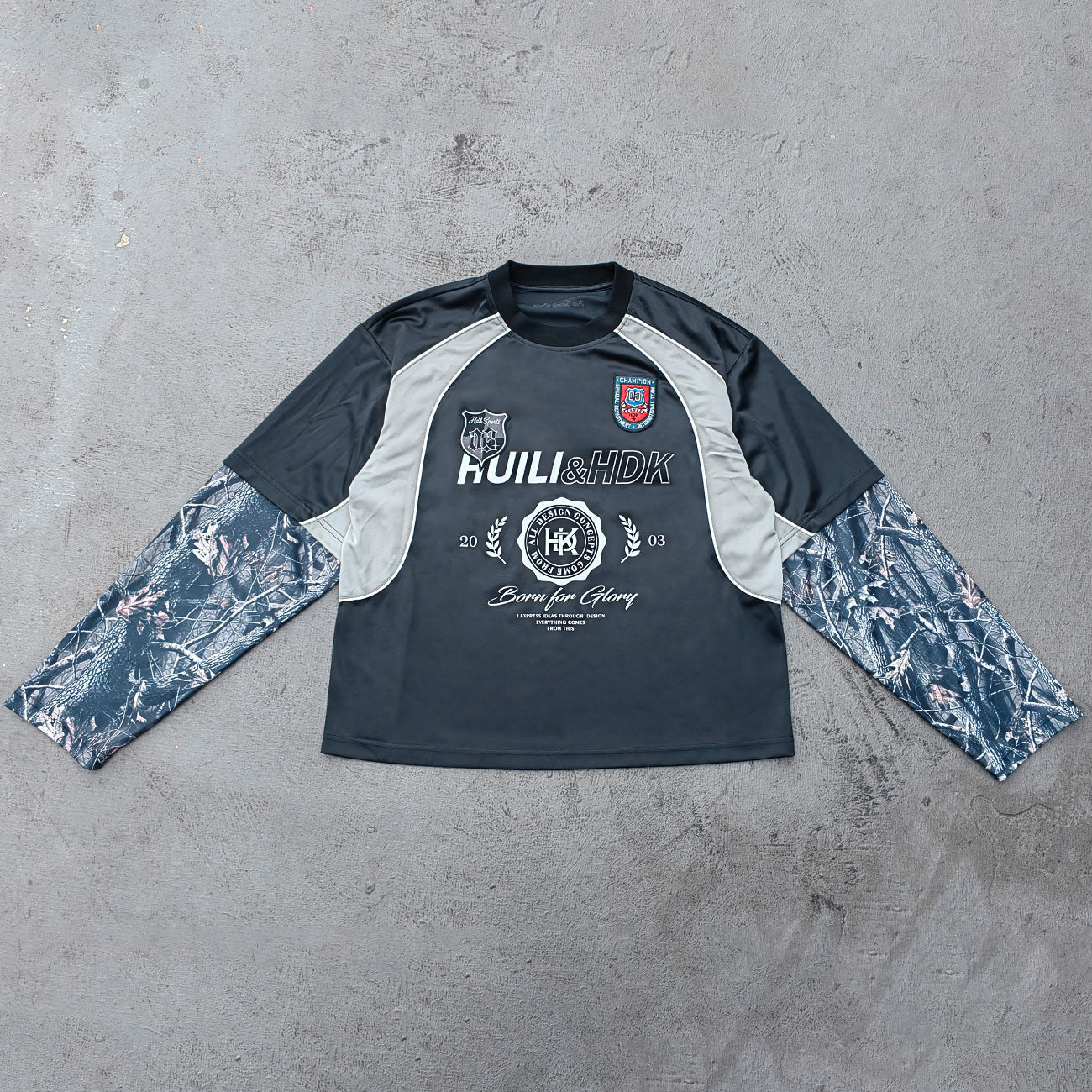 HUILI HDK Varsity Jersey - Black Gray Camo Fake Two-Piece Long Sleeve Born for Glory Y2K Streetwear