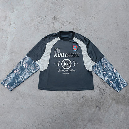 HUILI HDK Varsity Jersey - Black Gray Camo Fake Two-Piece Long Sleeve Born for Glory Y2K Streetwear