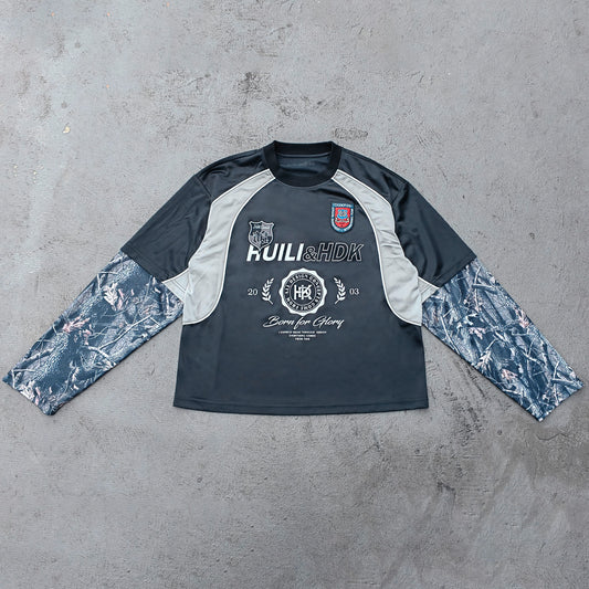 HUILI HDK Varsity Jersey - Black Gray Camo Fake Two-Piece Long Sleeve Born for Glory Y2K Streetwear