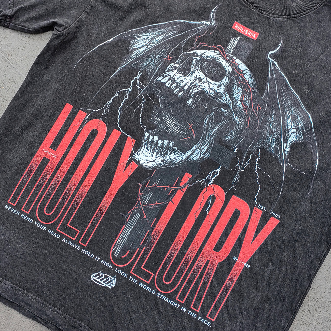 Holy Glory Graphic Tee - Black Acid Wash Winged Skull Cross Lightning Big Logo Print Y2K Streetwear