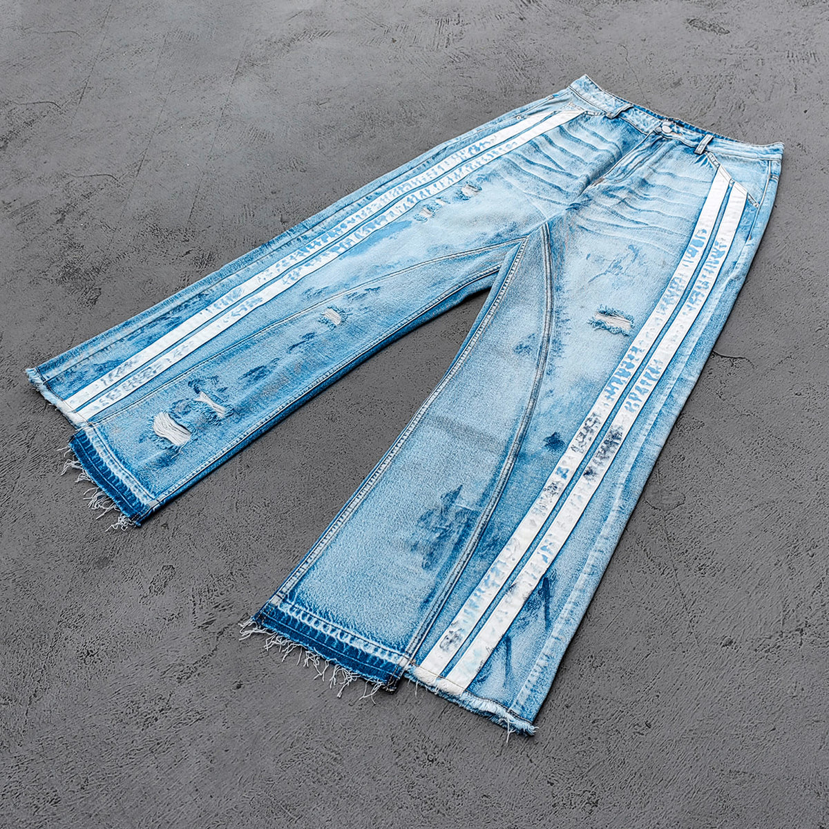 Wide Leg Jeans - Light Blue Acid Wash Side Three Stripe Ripped Distressed Frayed Hem Y2K Streetwear