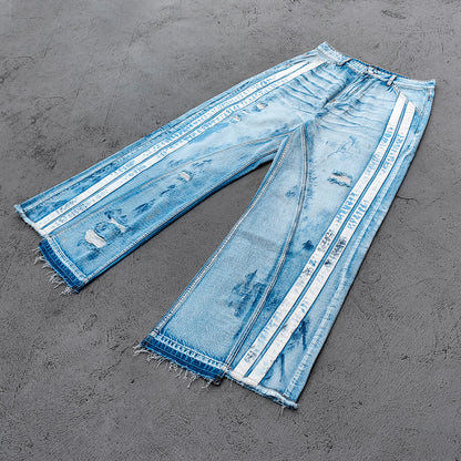 Wide Leg Jeans - Light Blue Acid Wash Side Three Stripe Ripped Distressed Frayed Hem Y2K Streetwear