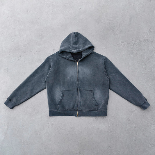 Black Vintage Wash Hoodie - Brass Zipper Full Zip Cropped Boxy Y2K Oversized