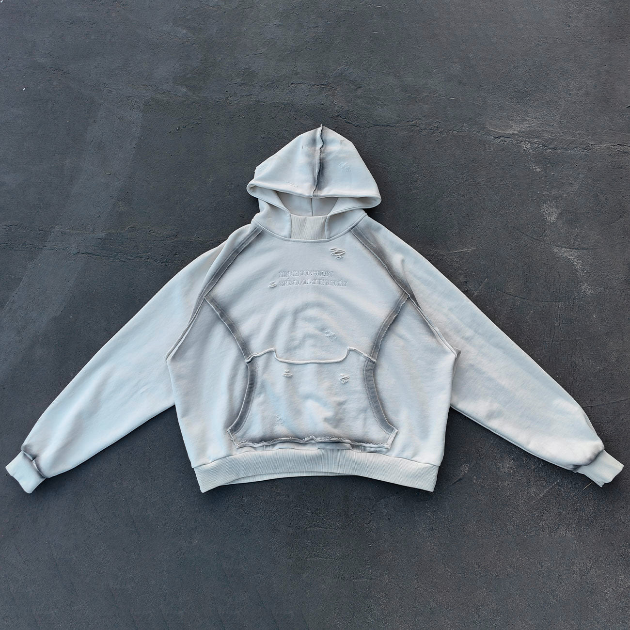 Distressed Deconstructed Hoodie - Life is Too Short Embroidery Y2K Streetwear