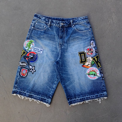 Vintage Patch Denim Shorts - Distressed Y2K Baggy Jean Jorts