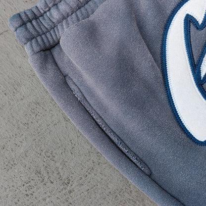 Gray Blue Glory Patch Pants - Multi Badge Embroidered Acid Wash Wide Leg Drawstring Y2K Oversized