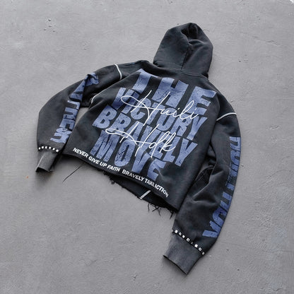 Distressed Zip Up Hoodie - FEARLESS Skull Print Vintage Streetwear