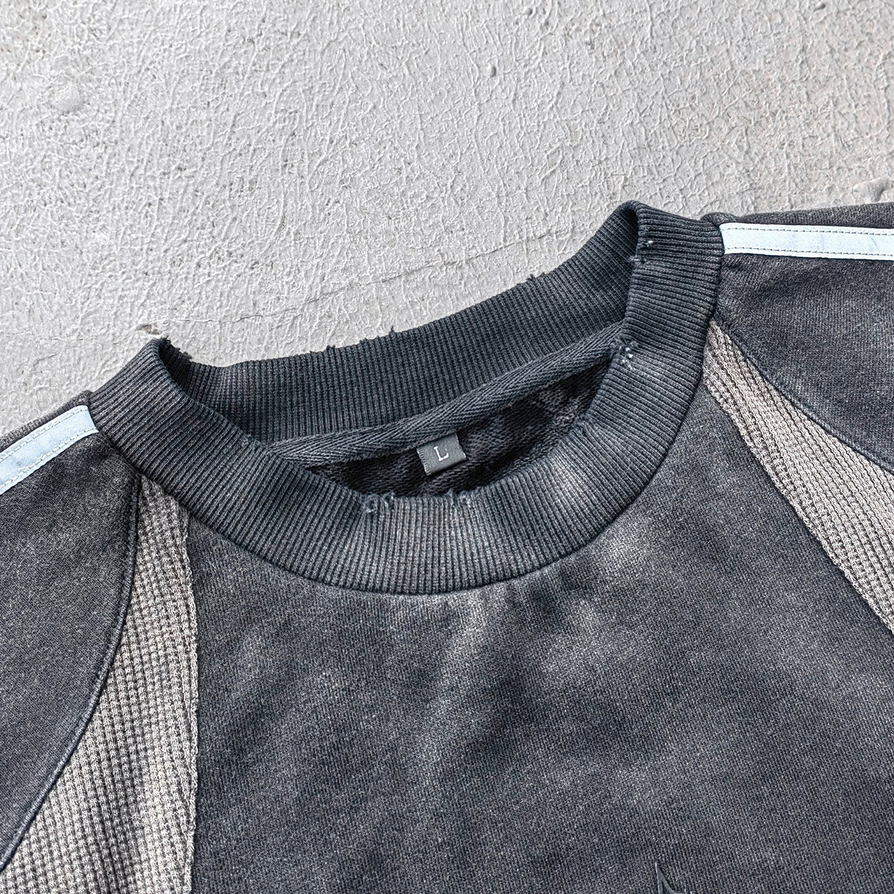 Mesh Panel T-Shirt - Black Gray Gradient Three Stripe HDK Logo Distressed Y2K Streetwear