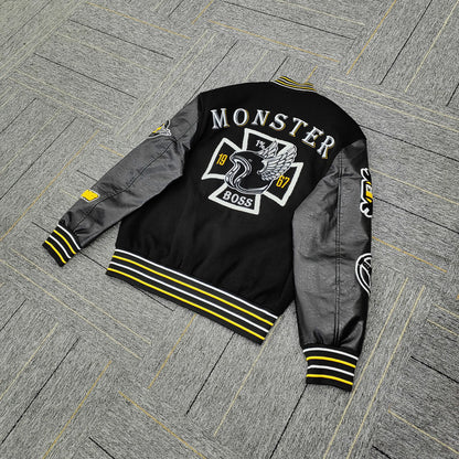 FACTORY streetwear custom applique embroidery Y2K leather sleeve varsity jacket