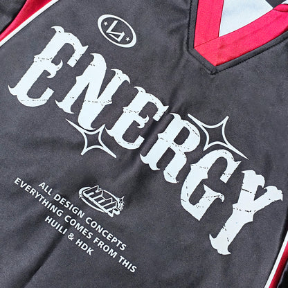 ENERGY Football Jersey Set - Black Red Color Block V Neck Three Stripe Shirt Shorts Y2K Streetwear
