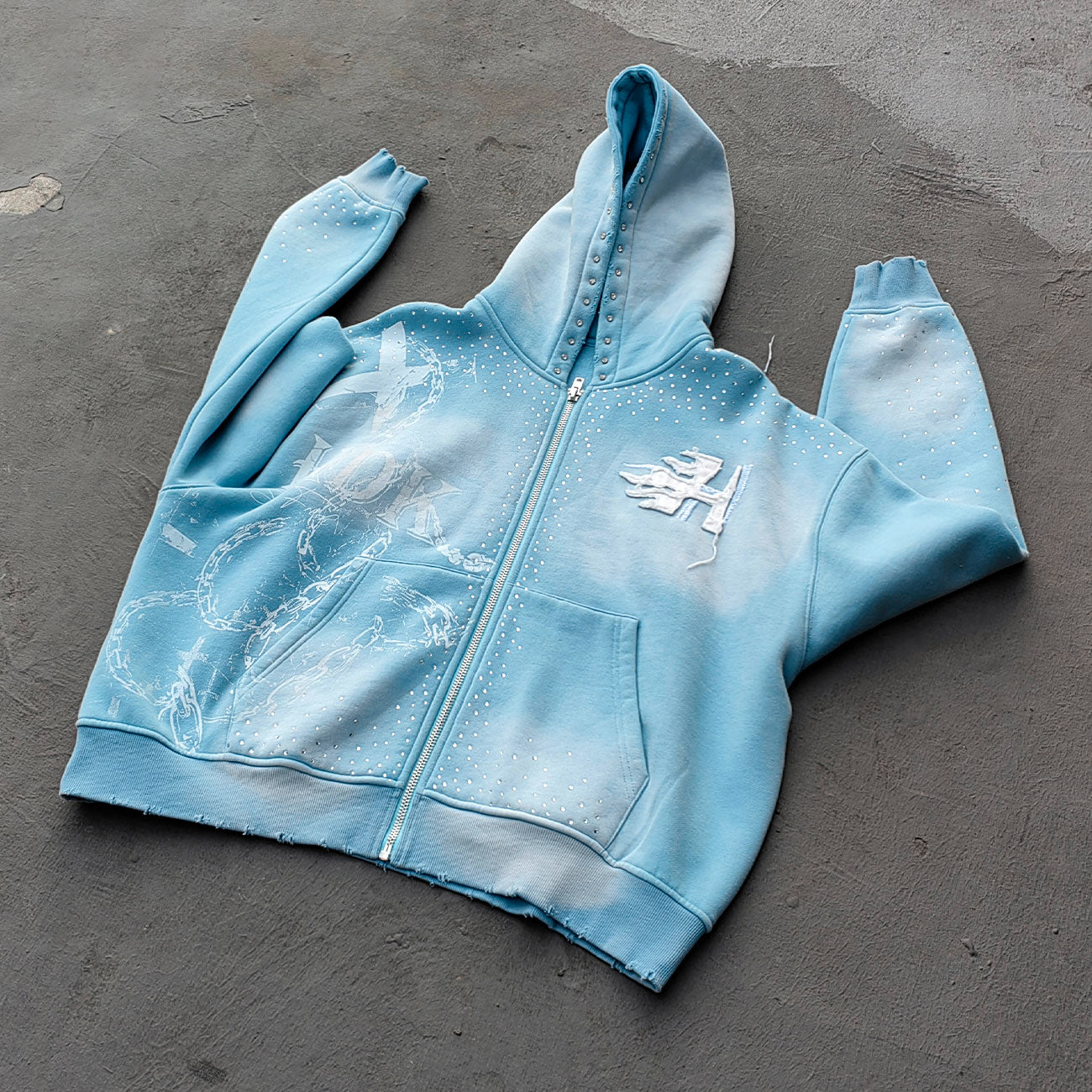 Light Blue Rhinestone Chain Tracksuit - Y2K Gradient Wash Matching Set