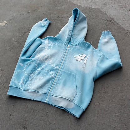 Light Blue Rhinestone Chain Tracksuit - Y2K Gradient Wash Matching Set