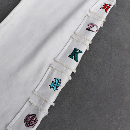 Gothic Letter Patch Sweatpants - White Distressed Multi Color Y2K Streetwear