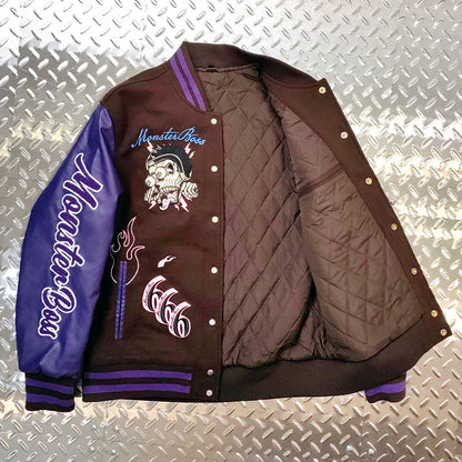 custom logo chenille embroidery letterman varsity jacket with leather sleeves