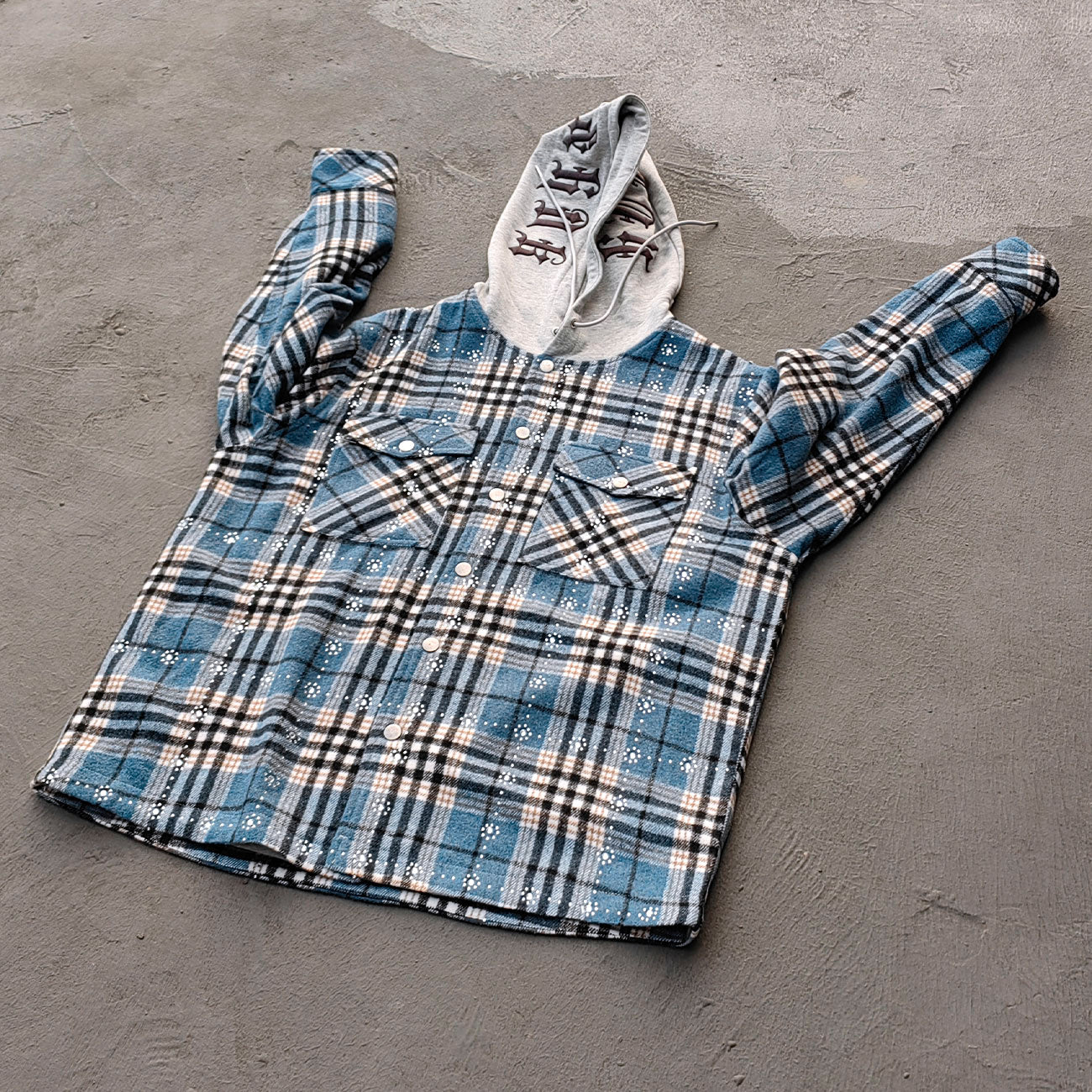 Gothic Embroidered Hooded Flannel - Blue Plaid Rhinestone Snap Button Shacket