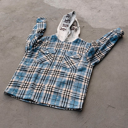 Gothic Embroidered Hooded Flannel - Blue Plaid Rhinestone Snap Button Shacket