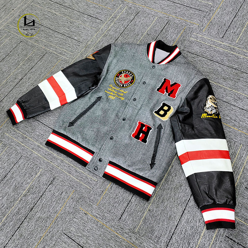 HUILI FACTORY designer streetwear applique embroidery letterman jacket with leather sleeves