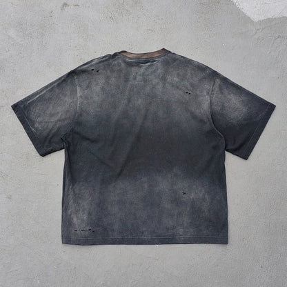 Skull Print T-Shirt - Black Acid Wash Gothic Distressed Ripped Crew Neck Y2K Streetwear