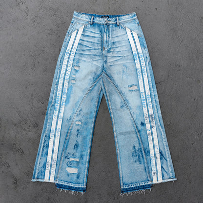 Wide Leg Jeans - Light Blue Acid Wash Side Three Stripe Ripped Distressed Frayed Hem Y2K Streetwear