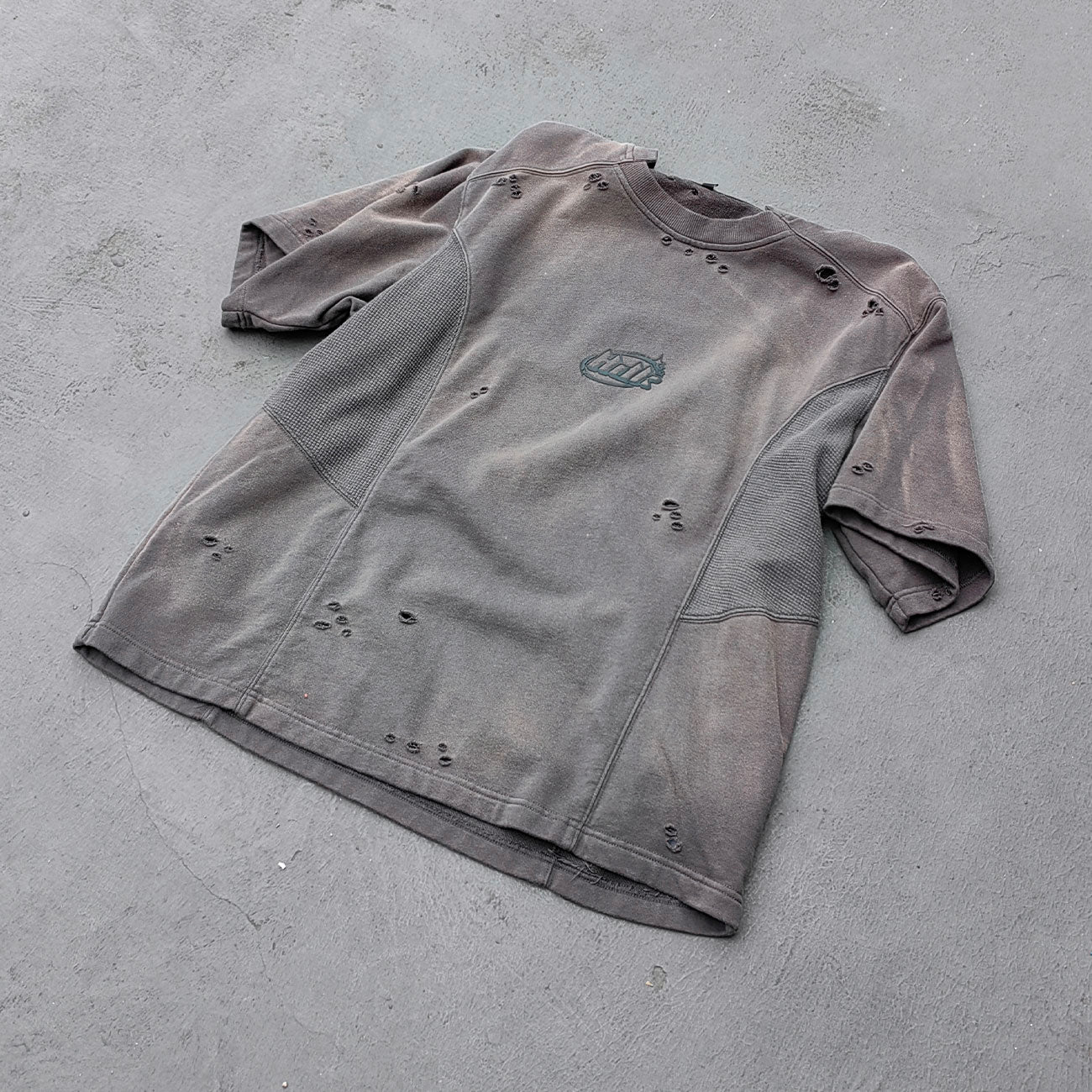 Waffle Panel T-Shirt - Dark Gray Acid Wash Ripped Distressed HDK Logo Y2K Streetwear