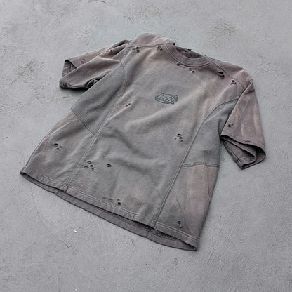 Waffle Panel T-Shirt - Dark Gray Acid Wash Ripped Distressed HDK Logo Y2K Streetwear