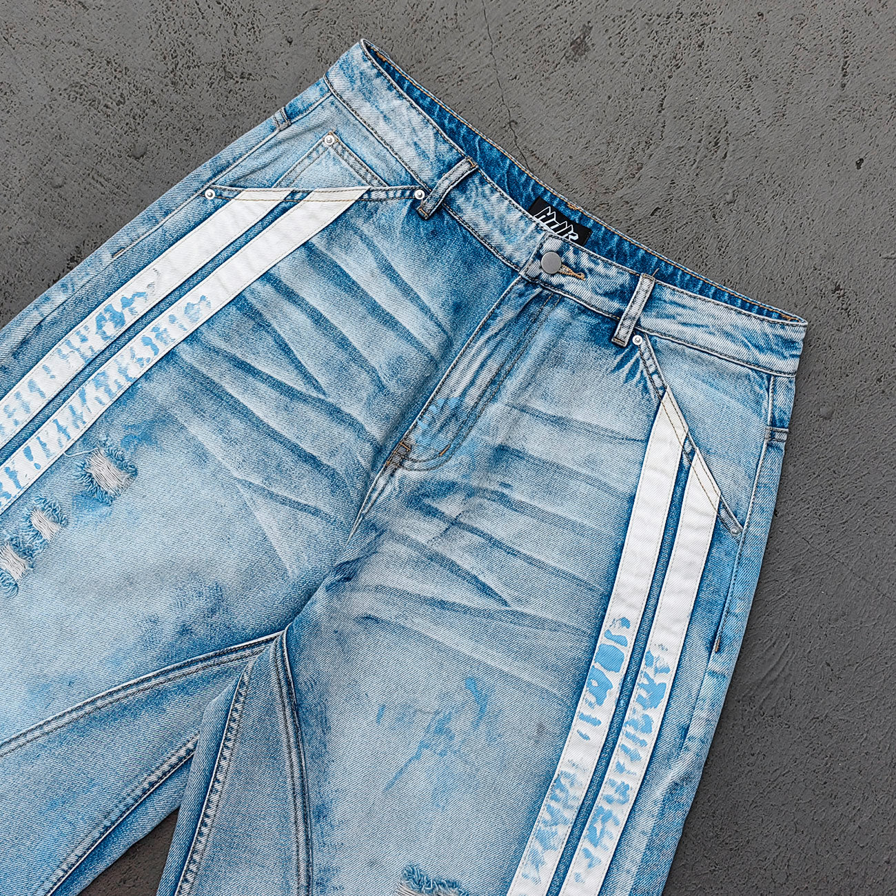 Wide Leg Jeans - Light Blue Acid Wash Side Three Stripe Ripped Distressed Frayed Hem Y2K Streetwear