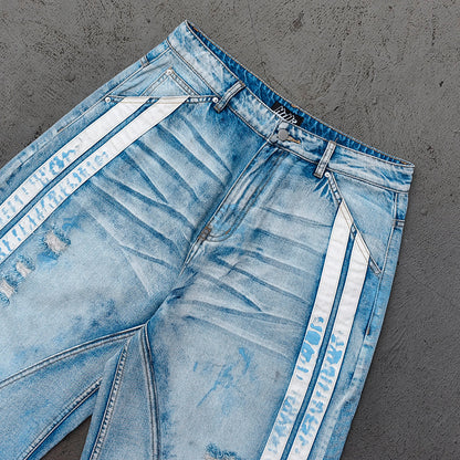 Wide Leg Jeans - Light Blue Acid Wash Side Three Stripe Ripped Distressed Frayed Hem Y2K Streetwear