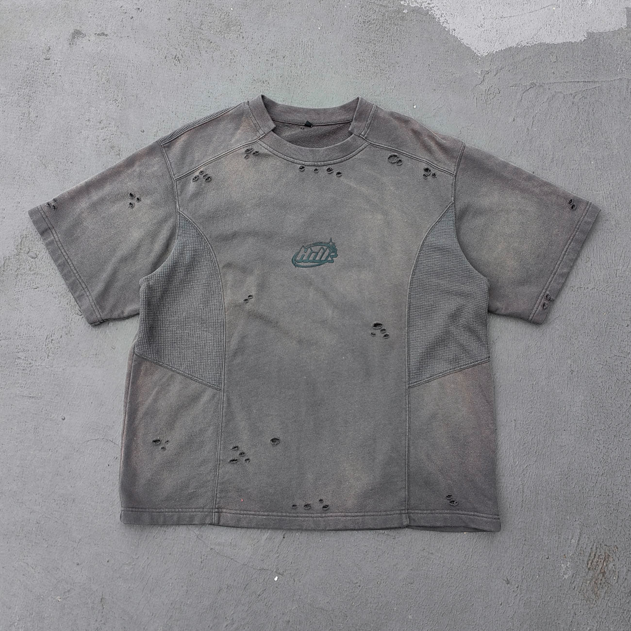 Waffle Panel T-Shirt - Dark Gray Acid Wash Ripped Distressed HDK Logo Y2K Streetwear