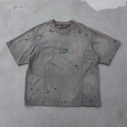 Waffle Panel T-Shirt - Dark Gray Acid Wash Ripped Distressed HDK Logo Y2K Streetwear