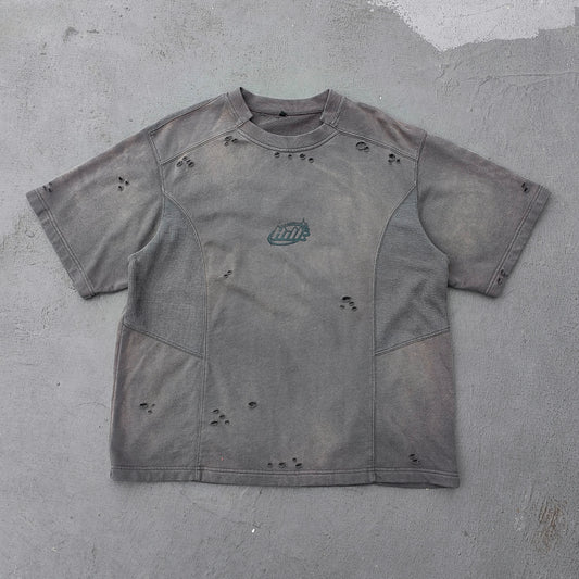 Waffle Panel T-Shirt - Dark Gray Acid Wash Ripped Distressed HDK Logo Y2K Streetwear