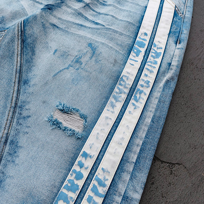 Wide Leg Jeans - Light Blue Acid Wash Side Three Stripe Ripped Distressed Frayed Hem Y2K Streetwear