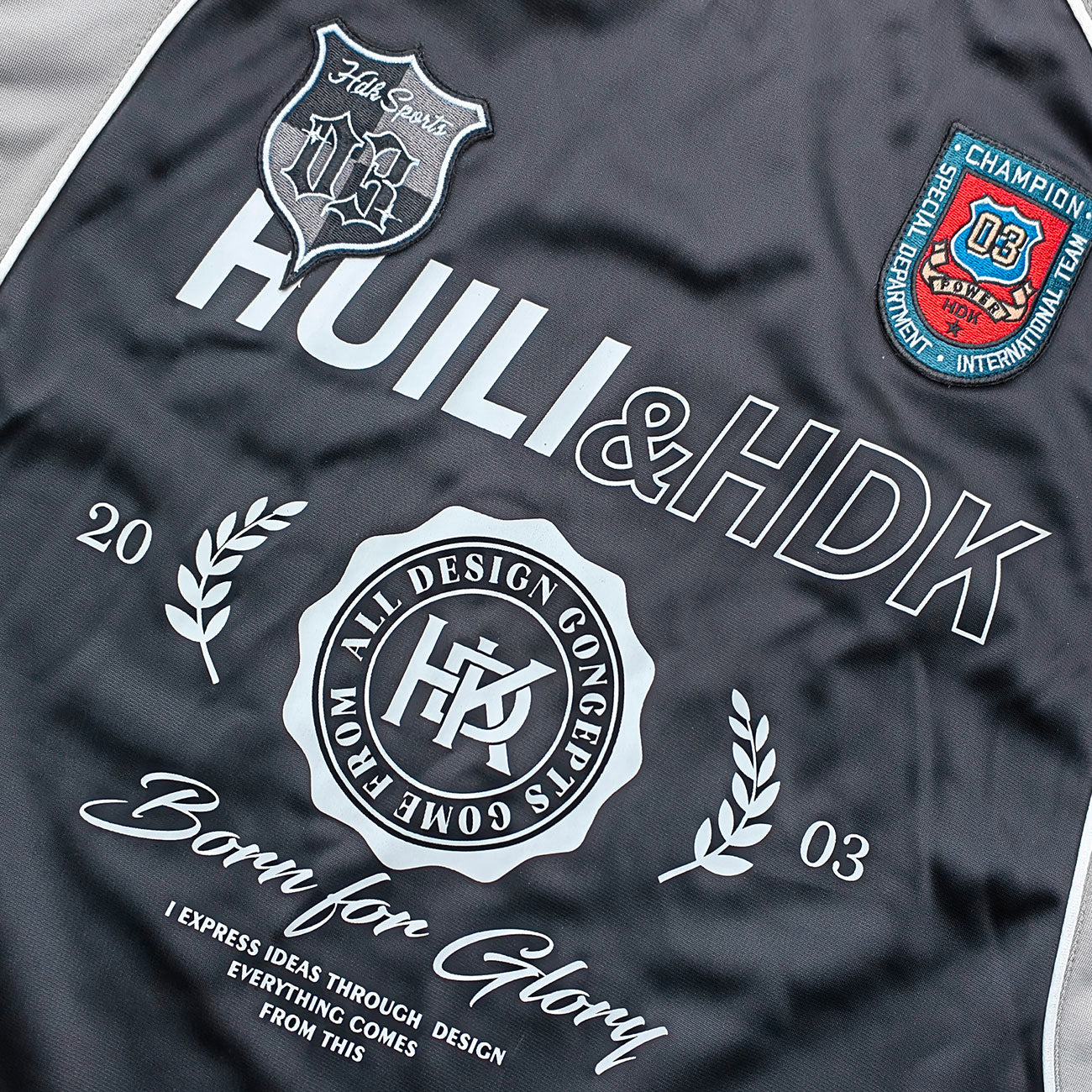 HUILI HDK Varsity Jersey - Black Gray Camo Fake Two-Piece Long Sleeve Born for Glory Y2K Streetwear