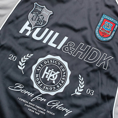 HUILI HDK Varsity Jersey - Black Gray Camo Fake Two-Piece Long Sleeve Born for Glory Y2K Streetwear