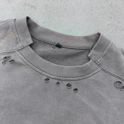 Waffle Panel T-Shirt - Dark Gray Acid Wash Ripped Distressed HDK Logo Y2K Streetwear