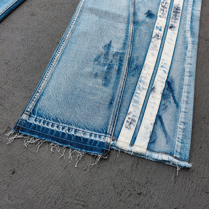 Wide Leg Jeans - Light Blue Acid Wash Side Three Stripe Ripped Distressed Frayed Hem Y2K Streetwear