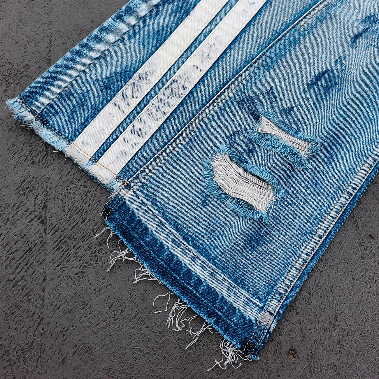 Wide Leg Jeans - Light Blue Acid Wash Side Three Stripe Ripped Distressed Frayed Hem Y2K Streetwear