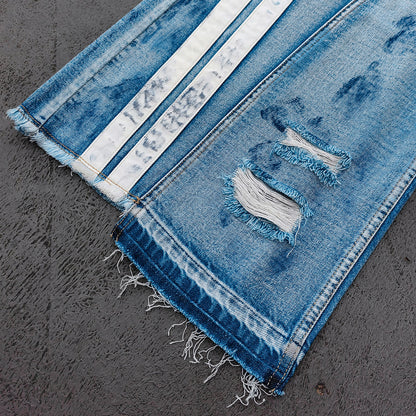 Wide Leg Jeans - Light Blue Acid Wash Side Three Stripe Ripped Distressed Frayed Hem Y2K Streetwear