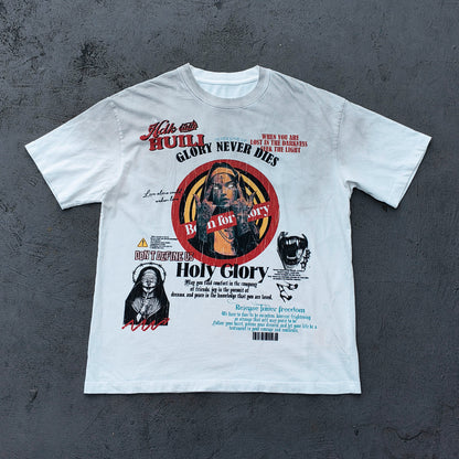 Y2K Gothic T-Shirt - White Distressed Wash HUILI HDK Print Nun Demon Collage GLORY NEVER DIES Oversized Boxy
