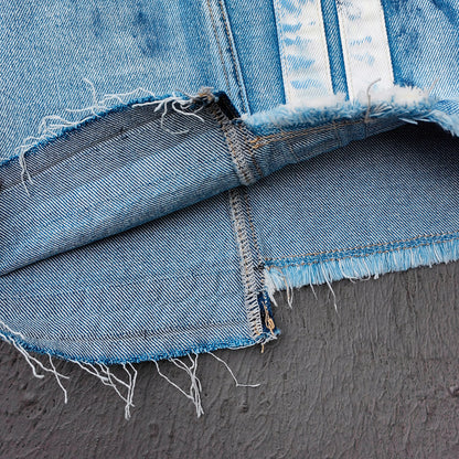 Wide Leg Jeans - Light Blue Acid Wash Side Three Stripe Ripped Distressed Frayed Hem Y2K Streetwear