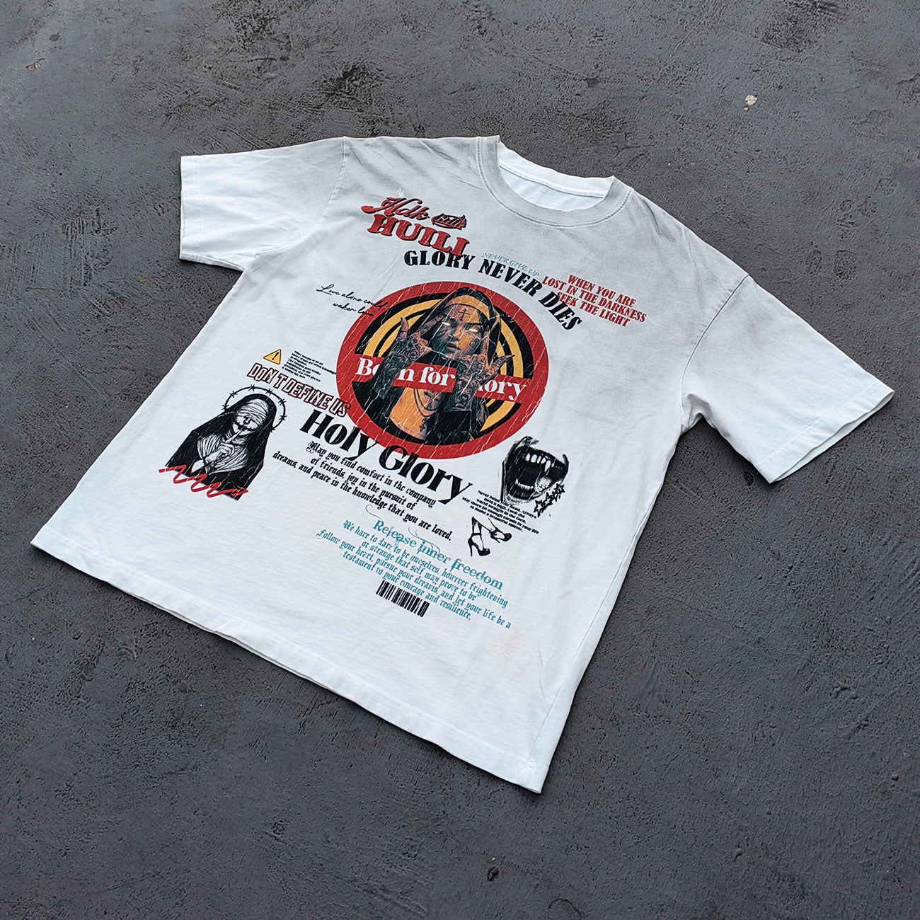 Y2K Gothic T-Shirt - White Distressed Wash HUILI HDK Print Nun Demon Collage GLORY NEVER DIES Oversized Boxy