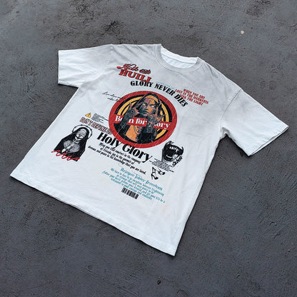 Y2K Gothic T-Shirt - White Distressed Wash HUILI HDK Print Nun Demon Collage GLORY NEVER DIES Oversized Boxy