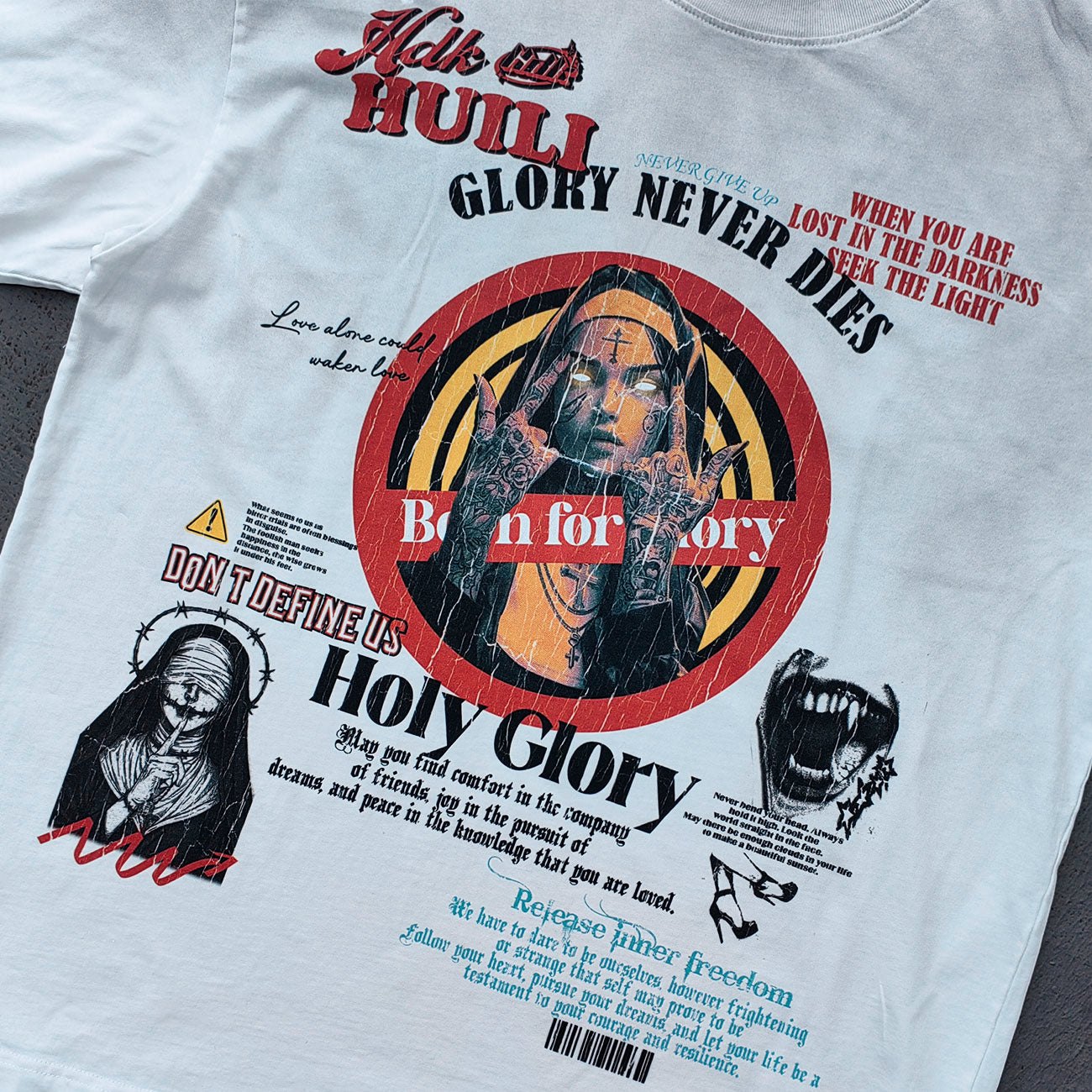 Y2K Gothic T-Shirt - White Distressed Wash HUILI HDK Print Nun Demon Collage GLORY NEVER DIES Oversized Boxy
