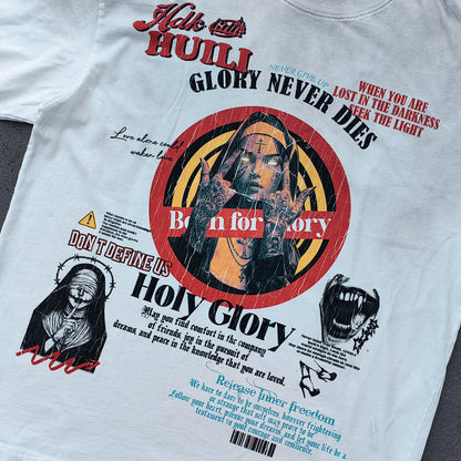 Y2K Gothic T-Shirt - White Distressed Wash HUILI HDK Print Nun Demon Collage GLORY NEVER DIES Oversized Boxy