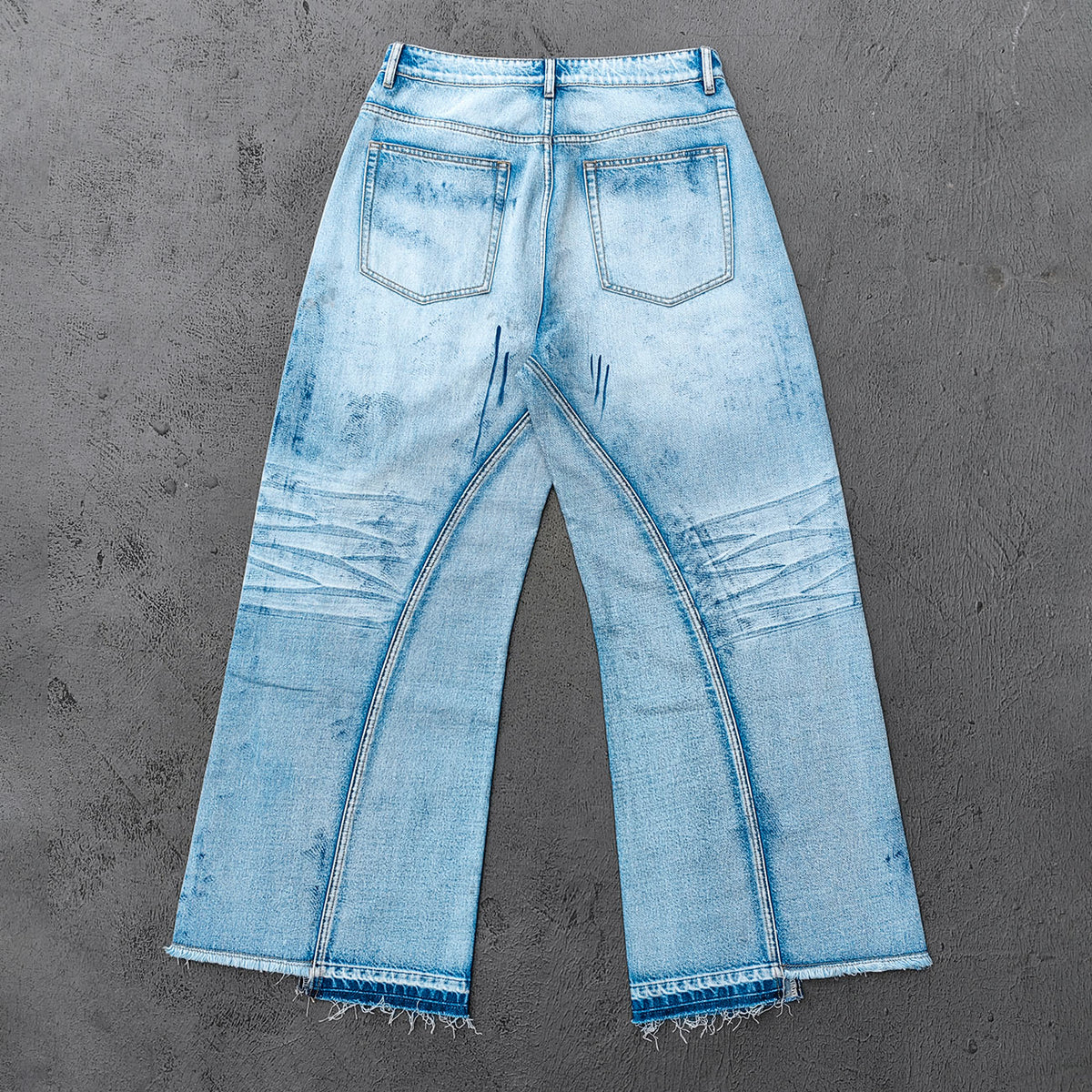 Wide Leg Jeans - Light Blue Acid Wash Side Three Stripe Ripped Distressed Frayed Hem Y2K Streetwear