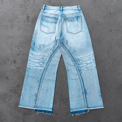 Wide Leg Jeans - Light Blue Acid Wash Side Three Stripe Ripped Distressed Frayed Hem Y2K Streetwear